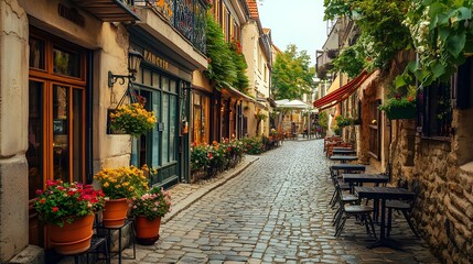 A charming cobblestone street lined with quaint shops and vibrant flower pots, inviting visitors to explore its serene beauty.