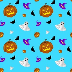 Halloween seamless pattern with pumpkin lantern, ghost, witch hat and bat on sky blue background