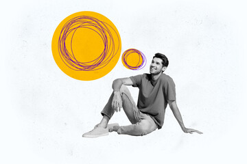 Creative collage young excited curious man think decide imagine fantasize plan strategy bubble sit...