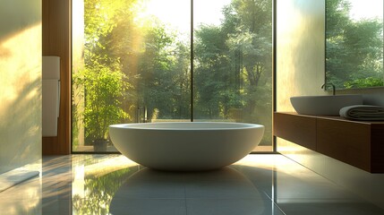 Fototapeta premium A modern bathroom featuring a large freestanding bathtub, large windows with natural light, and a serene view of greenery outside.