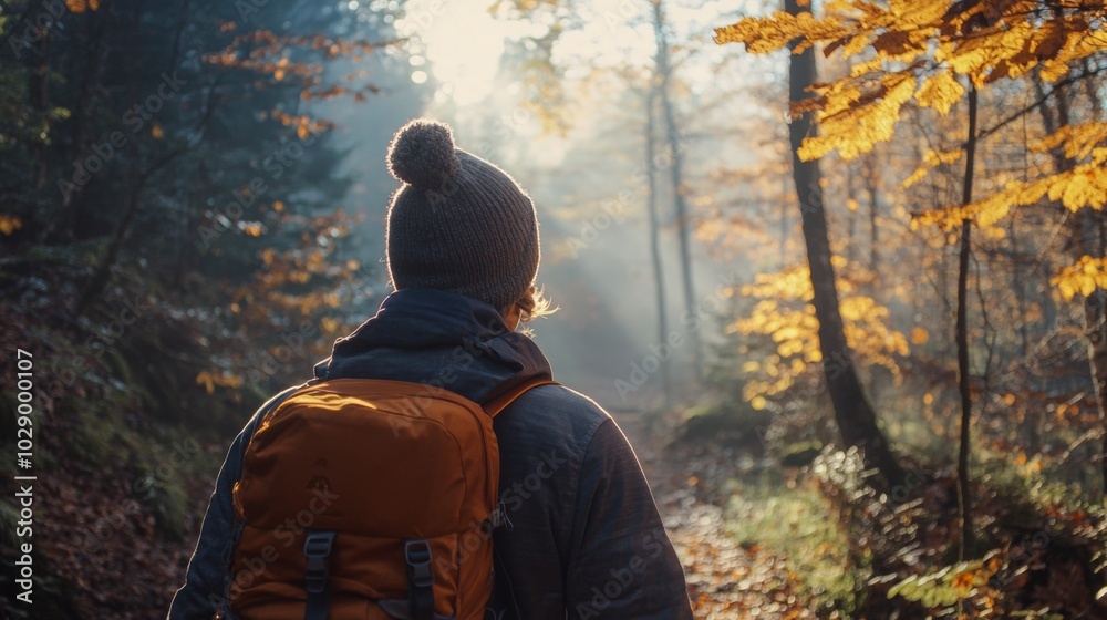 Aufkleber the hiker walks down a serene trail surrounded by vibrant autumn foliage, basking in the soft glow o