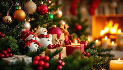 Cozy Christmas Fireplace, Presents, Snowman Decor