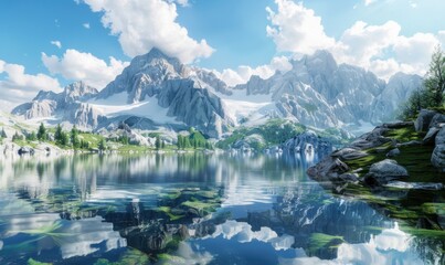 Alpine lake reflecting surrounding peaks, 4K hyperrealistic photo