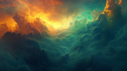 A dramatic, colorful, and ethereal landscape with mountains hidden within a sea of clouds.  The clouds are illuminated by a bright, glowing light source, creating a sense of awe and wonder.
