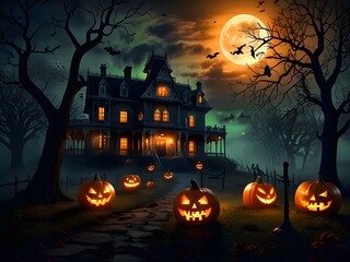 Haunting Halloween Night Mansion, Glowing Jack-o'-Lanterns, and Ghostly Figures