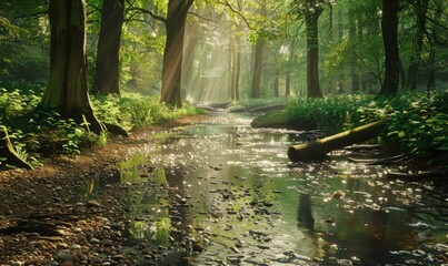 Obraz premium Peaceful stream meandering through a sun-dappled forest, 4K hyperrealistic photo