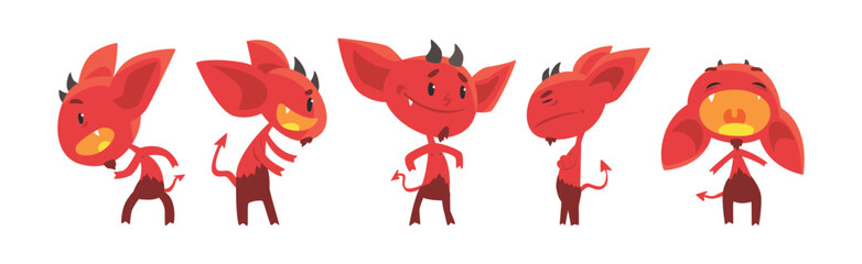 Red Devil Character with Horns and Face Emotion Vector Set