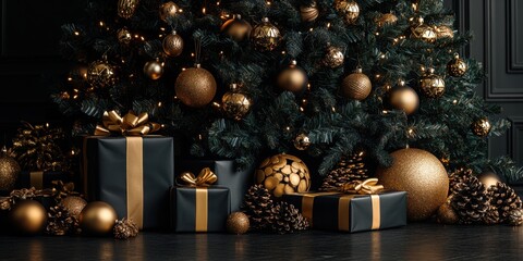 A beautiful christmas tree adorned with black and gold ornaments stands next to elegantly wrapped presents. the festive scene exudes sophistication and holiday cheer in a stylish setting.