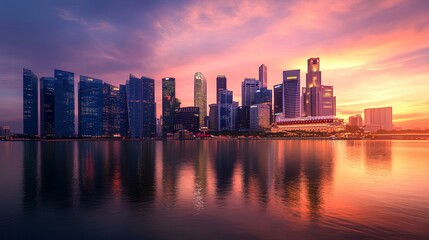 Fototapeta premium A stunning skyline at sunset, featuring modern skyscrapers reflecting in water, with vibrant colors painting the sky.