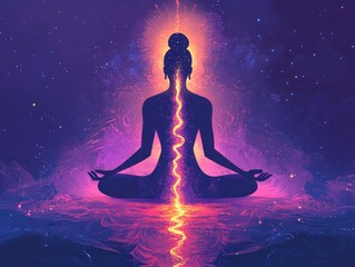 Spiritual representation of Kundalini energy in yoga meditation. AI generated.