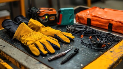 Safety gear used for electrical work, including insulated gloves and mats.