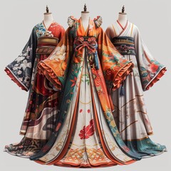 Naklejka premium Elegant Traditional Kimono Designs in Vibrant Colors