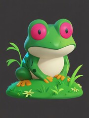 Obraz premium Cute Green Frog with Pink Eyes Sitting on Grass