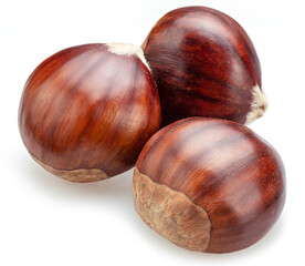 Raw chestnuts isolated on white background. Portuguese traditional snack autumn street food.