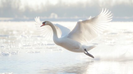 Graceful Swan in Flight - Majestic bird taking off gracefully from frozen lake, with cinematic lighting and feather trail.