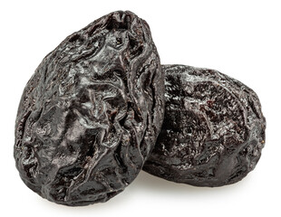 Dried prune plums or prunes isolated on white background. Clipping path.