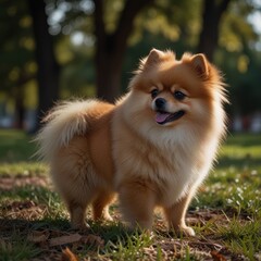 A small, fluffy Pomeranian dog stands on a grassy path with its tongue sticking out.