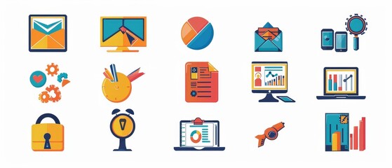 Obraz premium Colorful Icons for Digital Communication and Analysis