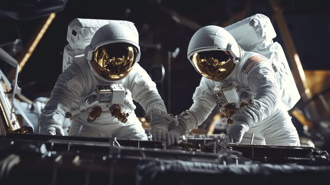 Two astronauts in white spacesuits working on a spacecraft in outer space.