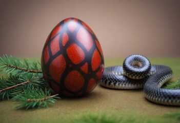Easter egg with a snake on a green background with fir branches