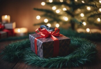 Christmas gift box with red ribbon on the background of a Christmas tree