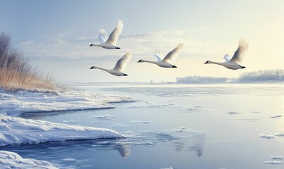 Fototapeta premium Four swans flying over a frozen lake.
