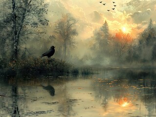 Obraz premium Misty Lake Sunset with Bird Silhouette