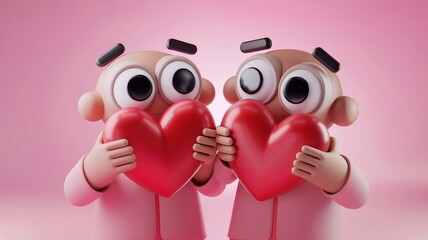 Obraz premium Valentine's Day. A couple of cartoon characters holding up red hearts. The background is pink. Scene is sweet and romantic