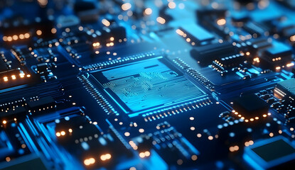 Obraz premium Abstract Blue Circuit Board with Glowing Elements