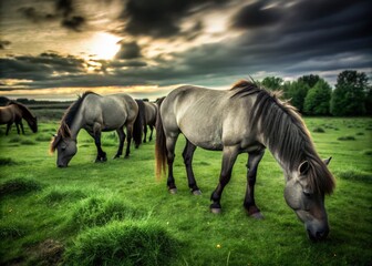 Obraz premium Long Exposure of Polish Konik Horses Grazing in Marielyst Nature Reserve, Denmark