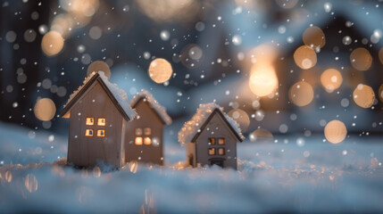 Miniature Christmas houses and trees with snow, New Year holiday greeting concept