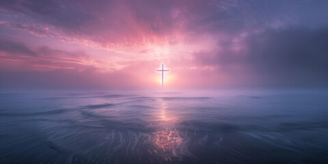 Ocean sunrise with glowing cross in the sky, concept of peace and hope, background