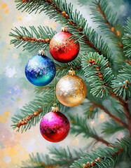 Colorful Christmas decorations adorn the branches of a spruce tree, vibrant balls in shades of red, gold, and pink, embodying holiday cheer in winter. Happy New Year art background. Generative AI