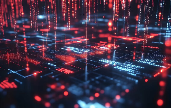 Abstract Red Digital Data Background with Glowing Effects