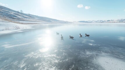 Fototapeta premium Serene Winter Scene: Ducks Gliding Across Frozen Lake in Cinematic Light