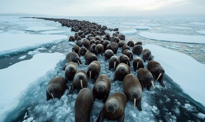 Walruses huddle on ice floes in arctic waters.