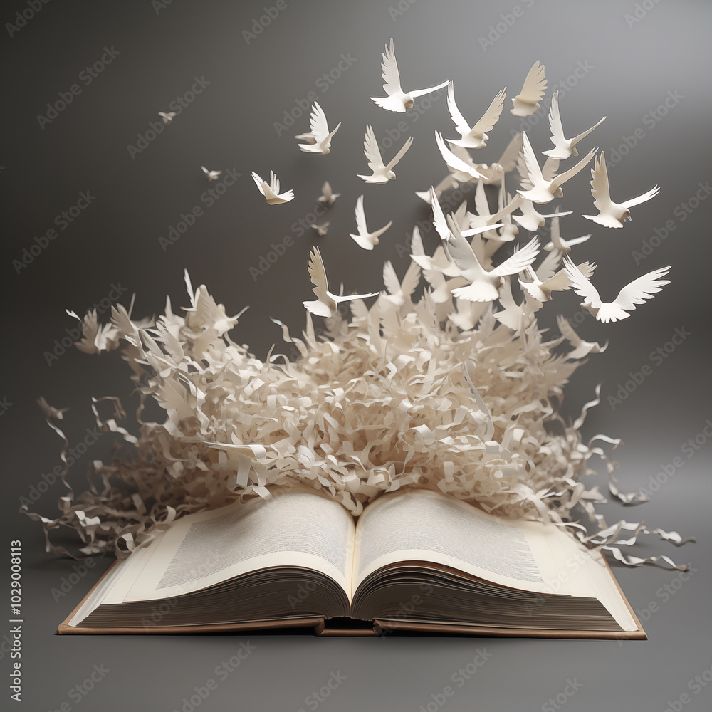 Wall mural flying paper birds emerging from an open book on white background