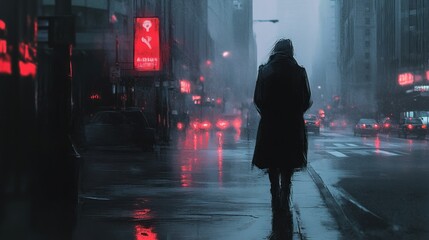 A lone figure walking through a dark city street with red lights and rain.