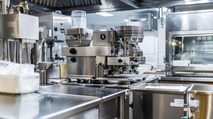 Various machines used for food manufacturing displayed in a commercial kitchen.