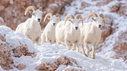 Majestic Mountain Goats: Graceful Navigators in Winter Wonderland, Enhanced by Cinematic Light