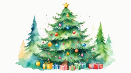 Watercolor Christmas Tree with Colorful Ornaments and Gifts Underneath