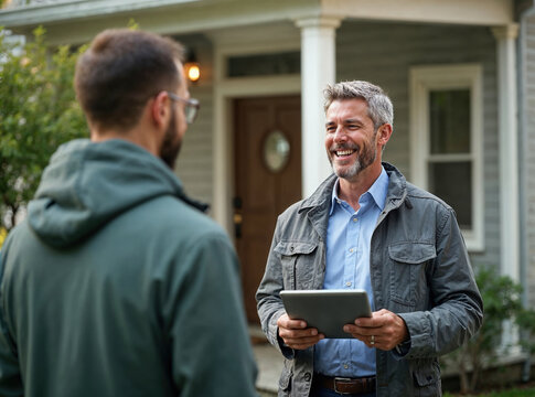 Lawn arborist technician installer worker talking to customer making a sale in the front yard of a home, happy conversation about work well done, working class, casual, outdoors