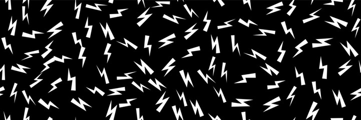 White thunder bolts on black bg as a seamless pattern. Zig zag of lightning abstract simple irregular background. Vector hipster illustration