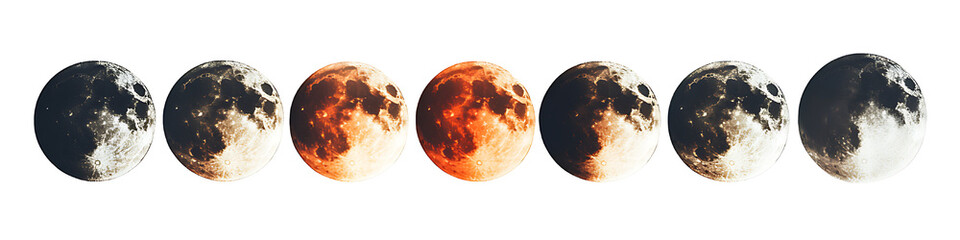 Various phases of the moon, from new moon to full moon, transparent background.