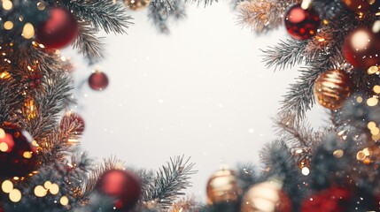 Fir tree Christmas frame, red gold Christmas decorations on white background. Copy space. New Year
