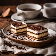 Close-up of classic tiramisu dessert with layers of coffee-soaked ladyfingers and mascarpone cream dusted with cocoa powder
