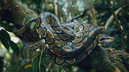 A Burmese Python Wrapped Around a Tree Branch in a Lush Green Forest