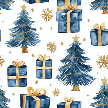Seamless pattern with watercolor Christmas illustrations. Traditional elements gift boxes, snowflakes, fir branches, stars, pin tree, confetti