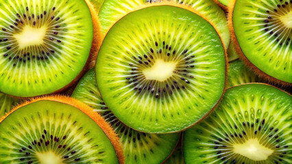 A close-up of a sliced kiwi, with the seeds perfectly aligned in a vibrant green and yellow gradient.