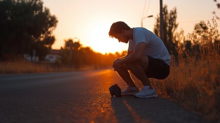 A young man crouches by the roadside at sunset, gazing at his camera amidst the golden light and tranquil evening atmosphere
